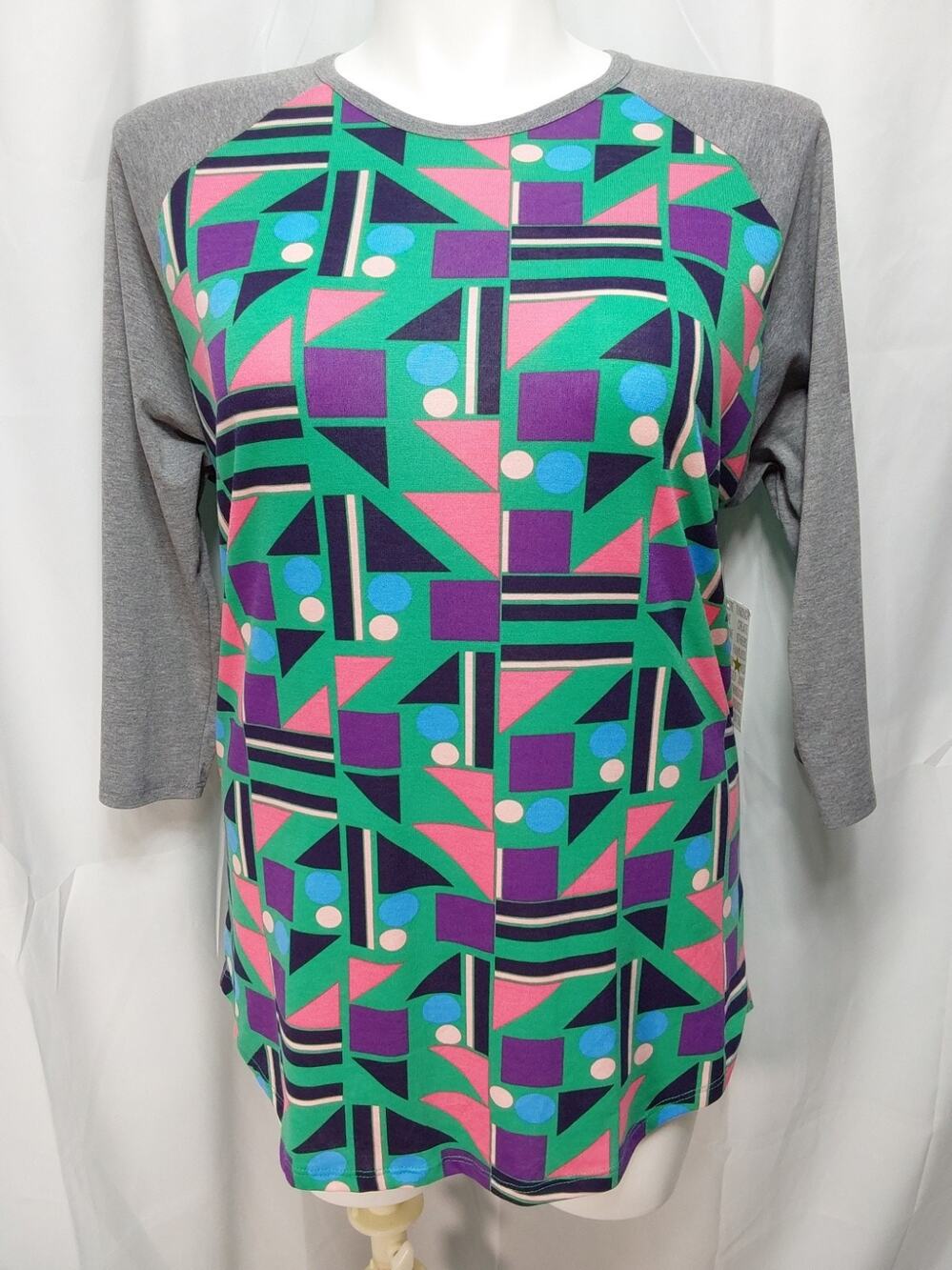LuLaRoe Randy 2XL Gray/Green/Multicolor Reglan 3/4 Sleeve Colorblock Shirt #L301